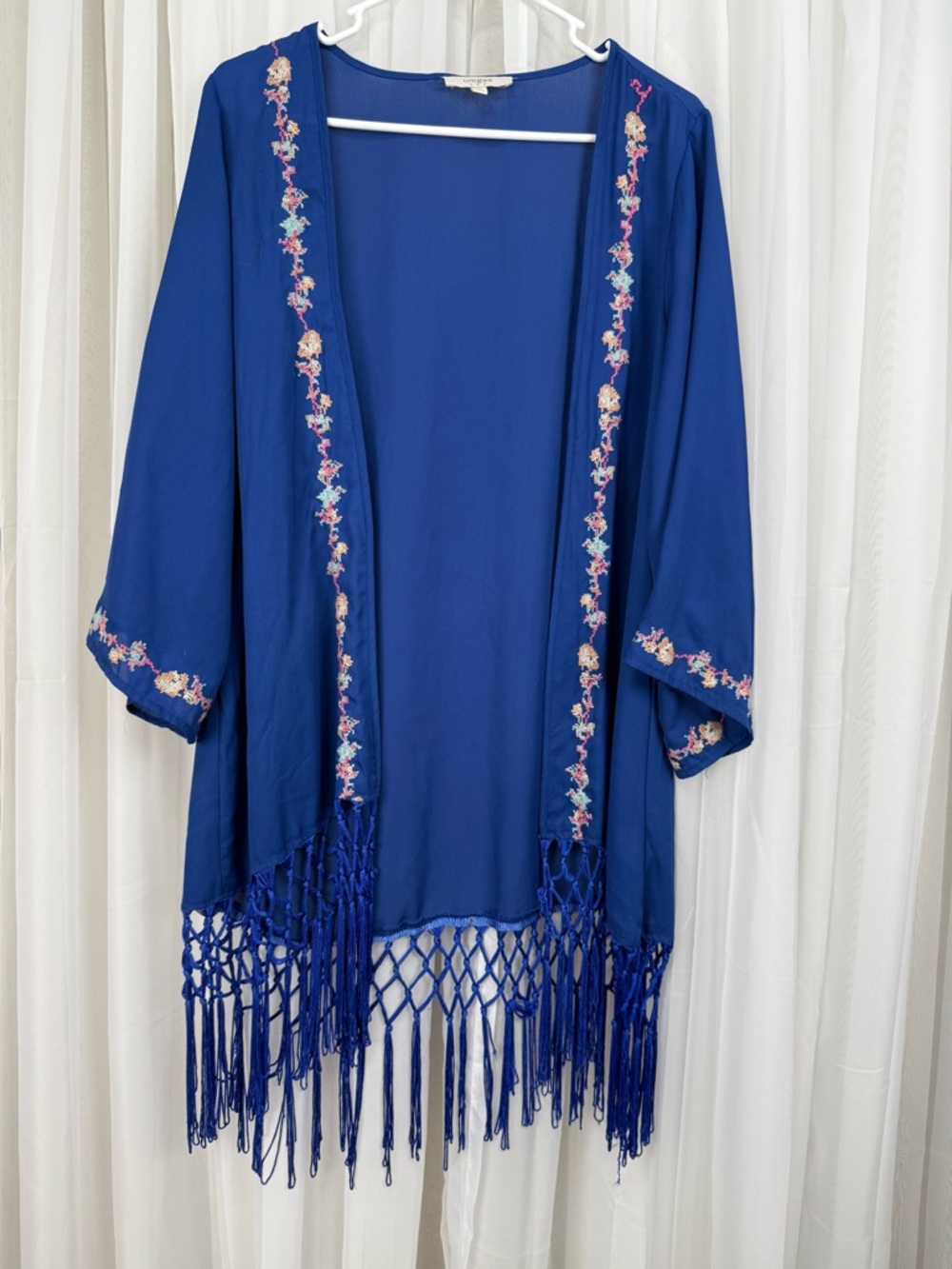 Umgee Blue Embroidered Fringe Kimono Cardigan M/L Boho Open Front Festival wear